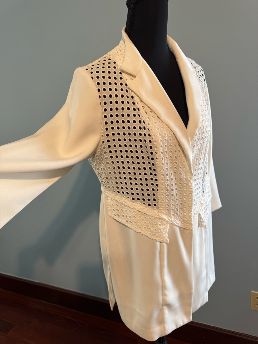 Chico's Cream Eyelet Panel Long Blazer Jacket